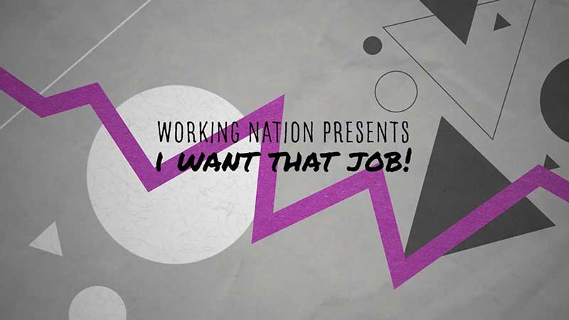 Geometric shapes and in a 80's style design that reads: Working Nation Presents I Want That Job!