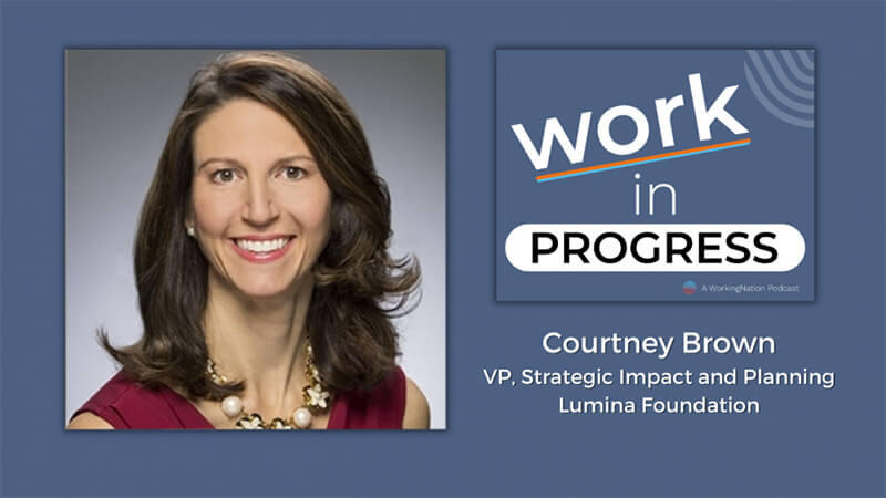 Headshot of a smiling Courtney Brown next to the podcast series title: Work in Progress.