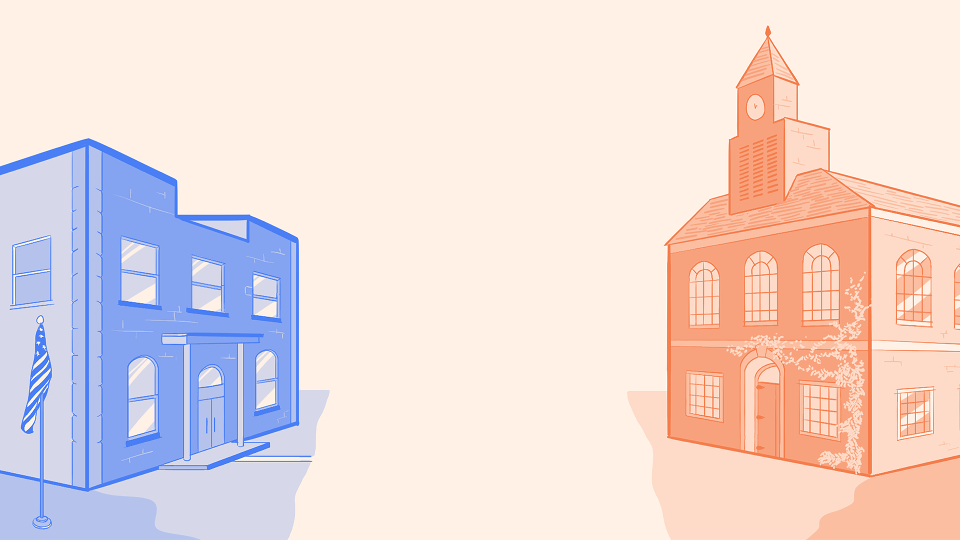 Colored pencil drawing of two school buildings