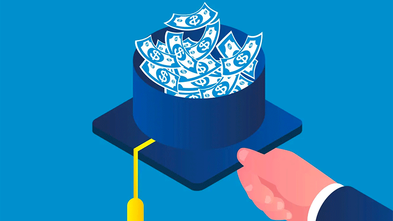 Illustration of graduation cap filled with flowing cash. It's about to blow away there's so much.
